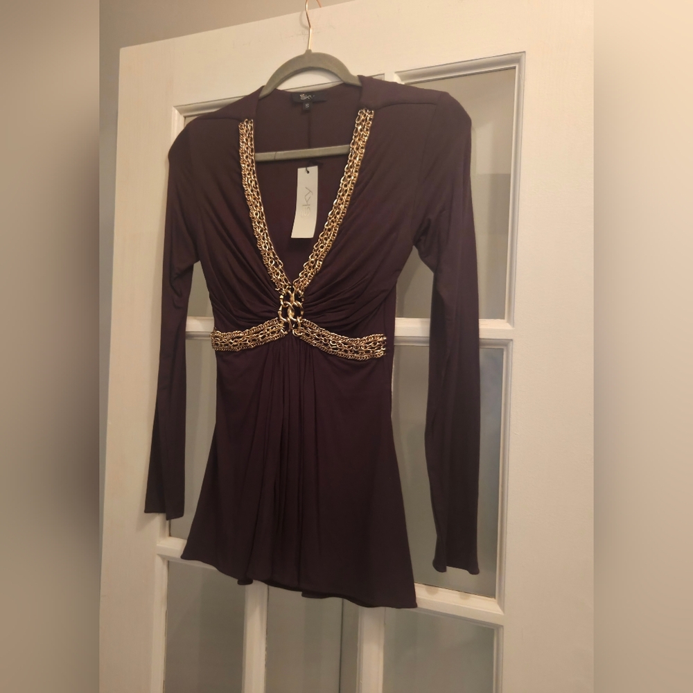 The Famous "SKY" BRAND Long Sleeve Brown Dress with Gold Embellish Details - Picture 3 of 9